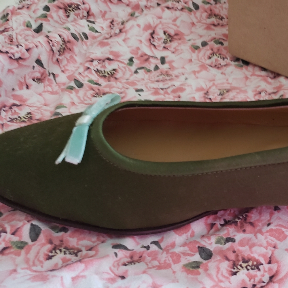 J. Crew Olive Green Flats with Light Blue Bow - Picture 3 of 10